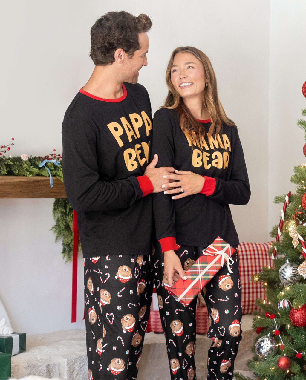 Matching Family Christmas Pajamas Bear Print Black