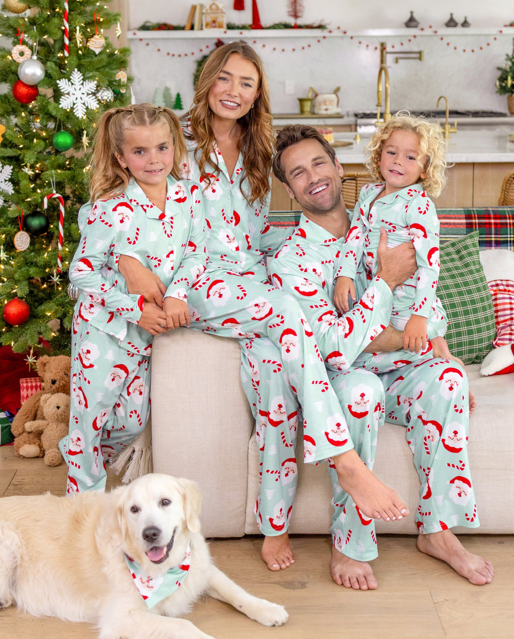 Matching Family Christmas Pajamas Santa Claus Print Collared Green