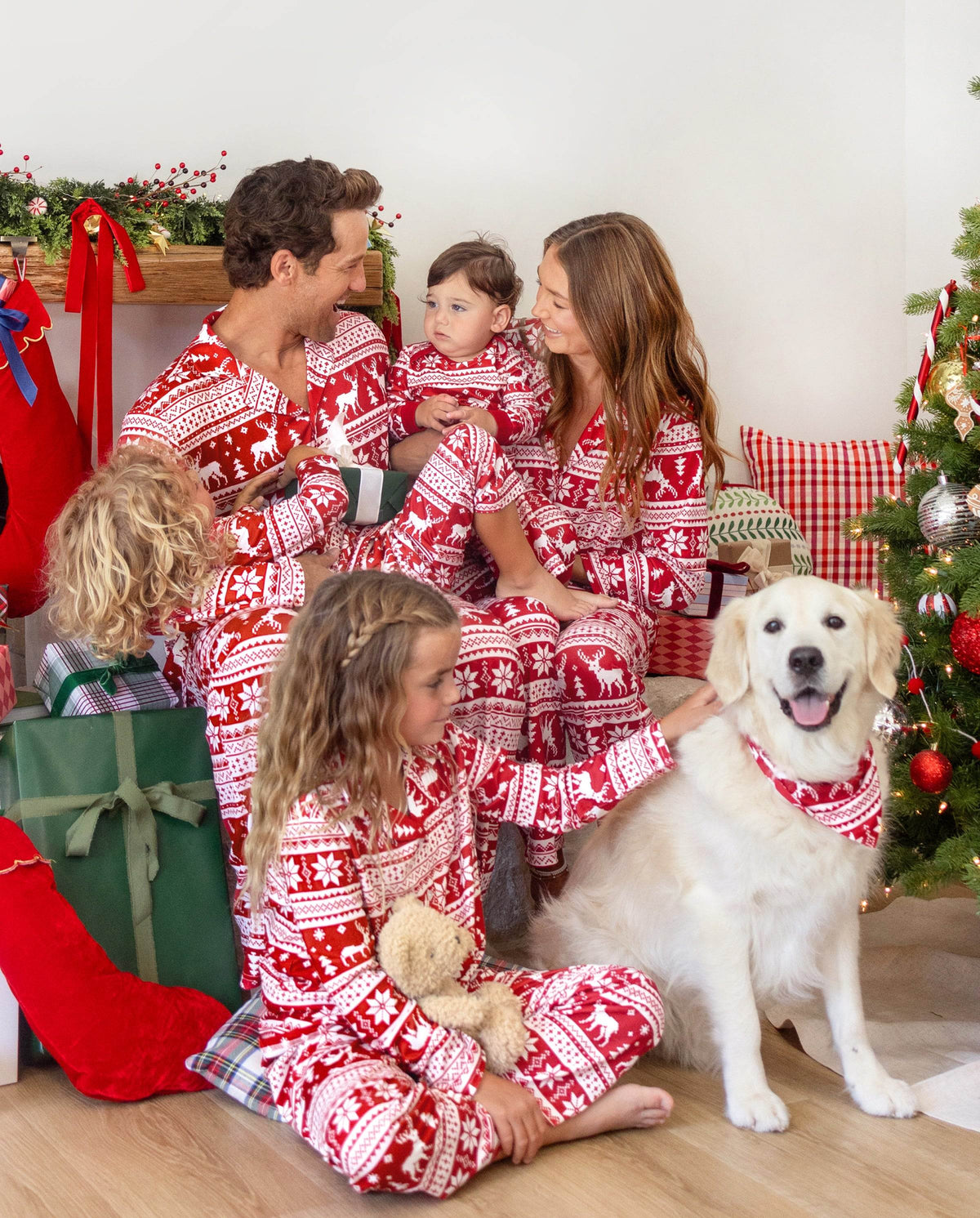 Family Matching Christmas Pajamas Fair Isle Print Collared Red