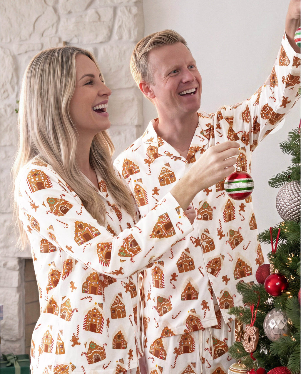 Matching Family Christmas Pajamas Gingerbread House Print Brown