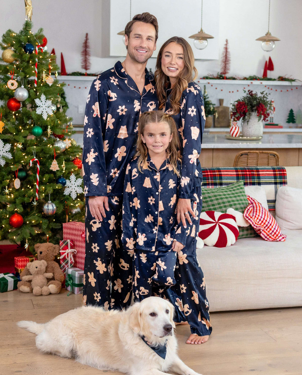 Family Matching Christmas Pajamas Gingerbread Print Satin Navy