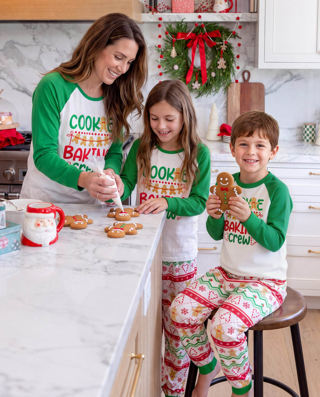 Matching Family Christmas Pajamas Gingerbread Print Green