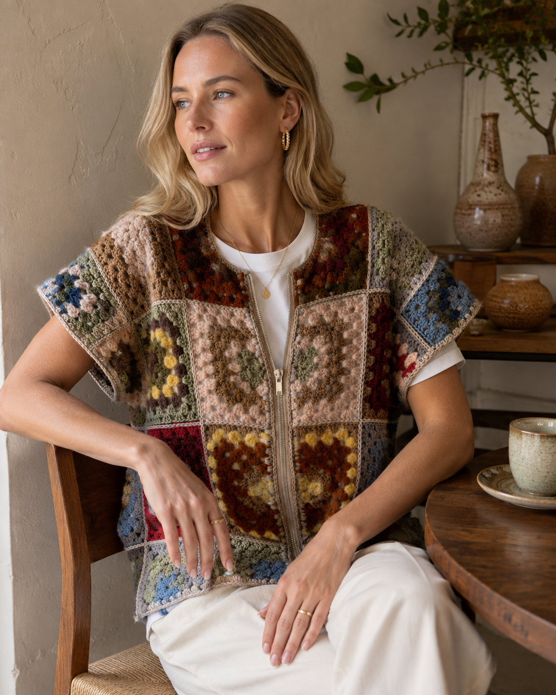 Women's Vintage Patchwork Crochet Hooded Vest | Boho Zip-Up Sleeveless Jacket