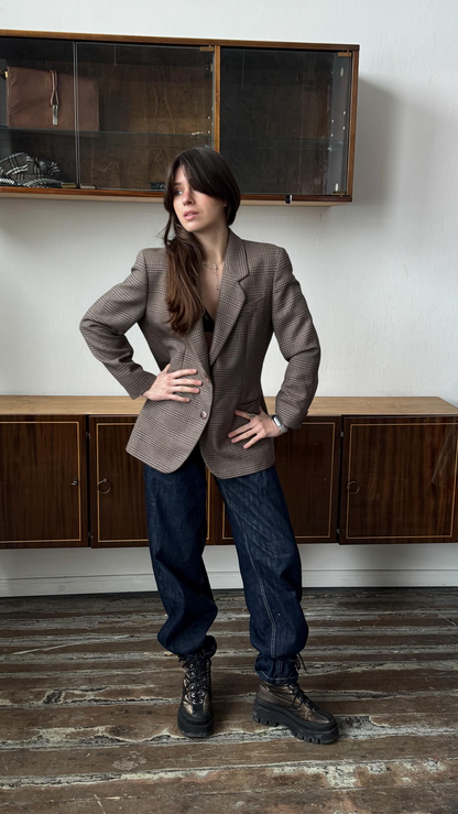 Vintage-Inspired Brown Check Blazer – Relaxed Tailored Wool-Blend Jacket for Women