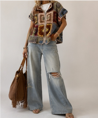 Women's Vintage Patchwork Crochet Hooded Vest | Boho Zip-Up Sleeveless Jacket