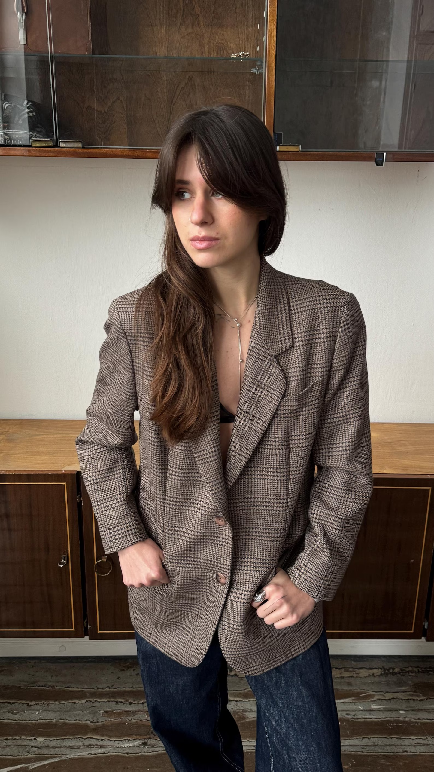 Vintage-Inspired Brown Check Blazer – Relaxed Tailored Wool-Blend Jacket for Women