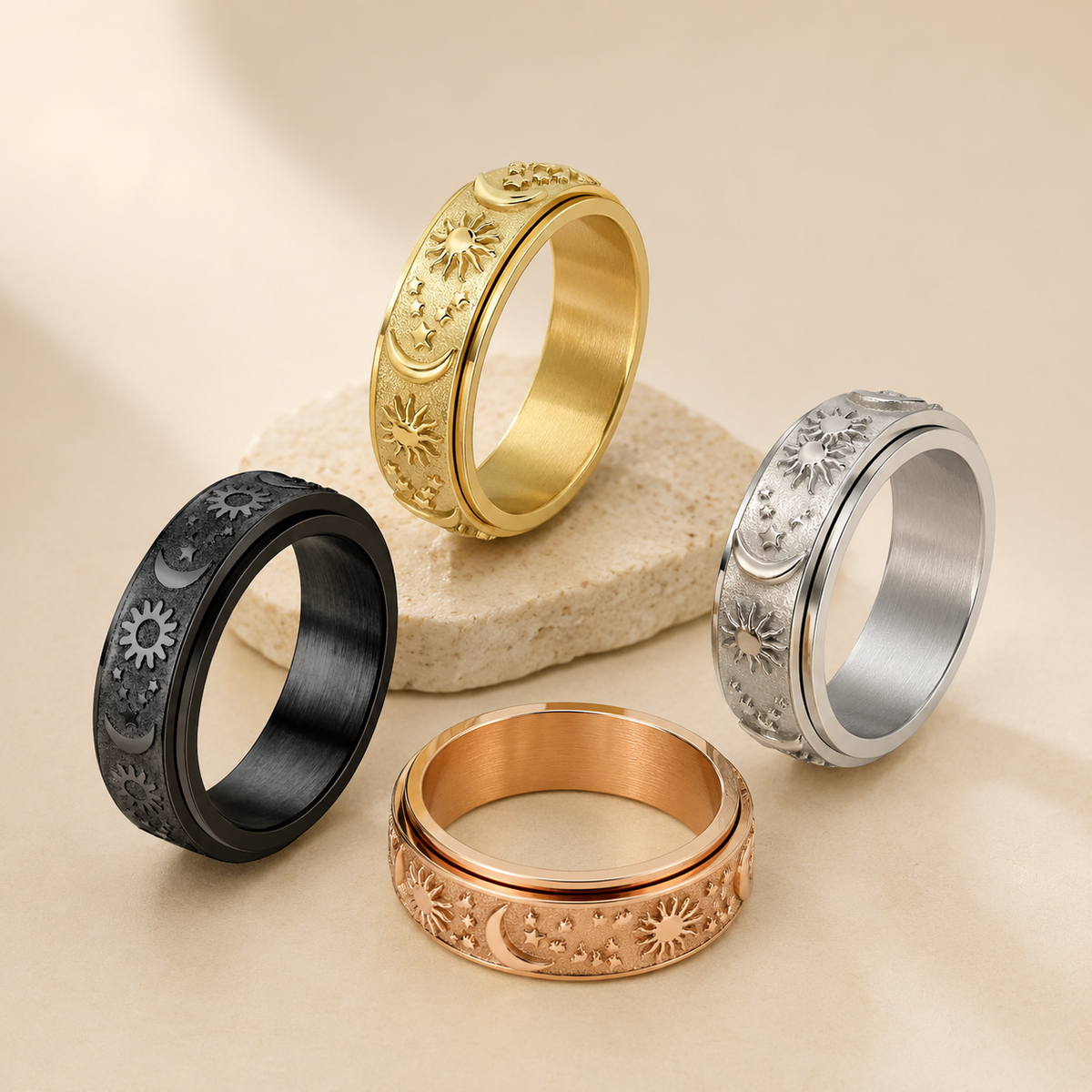 🔥 Celestial Spinner Ring – Sun, Moon & Stars Stress Relief Ring for Men & Women ✨