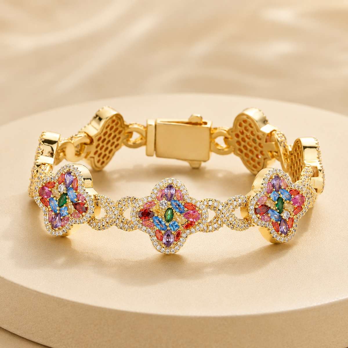 ✨ Lucky Clover Colorful Zircon Bracelet – Gold-Plated Charm Jewelry