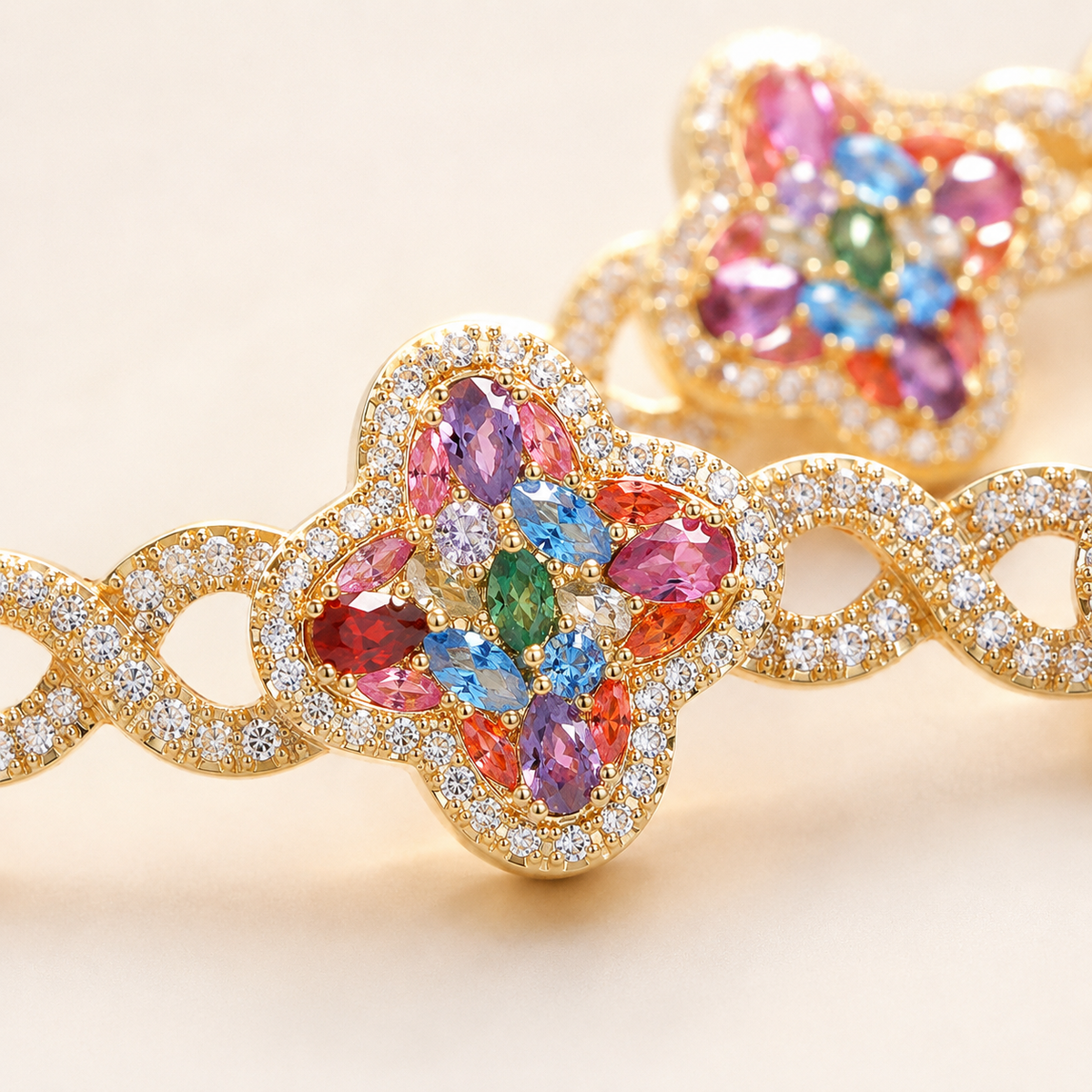 ✨ Lucky Clover Colorful Zircon Bracelet – Gold-Plated Charm Jewelry