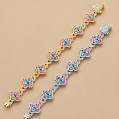 ✨ Lucky Clover Colorful Zircon Bracelet – Gold-Plated Charm Jewelry