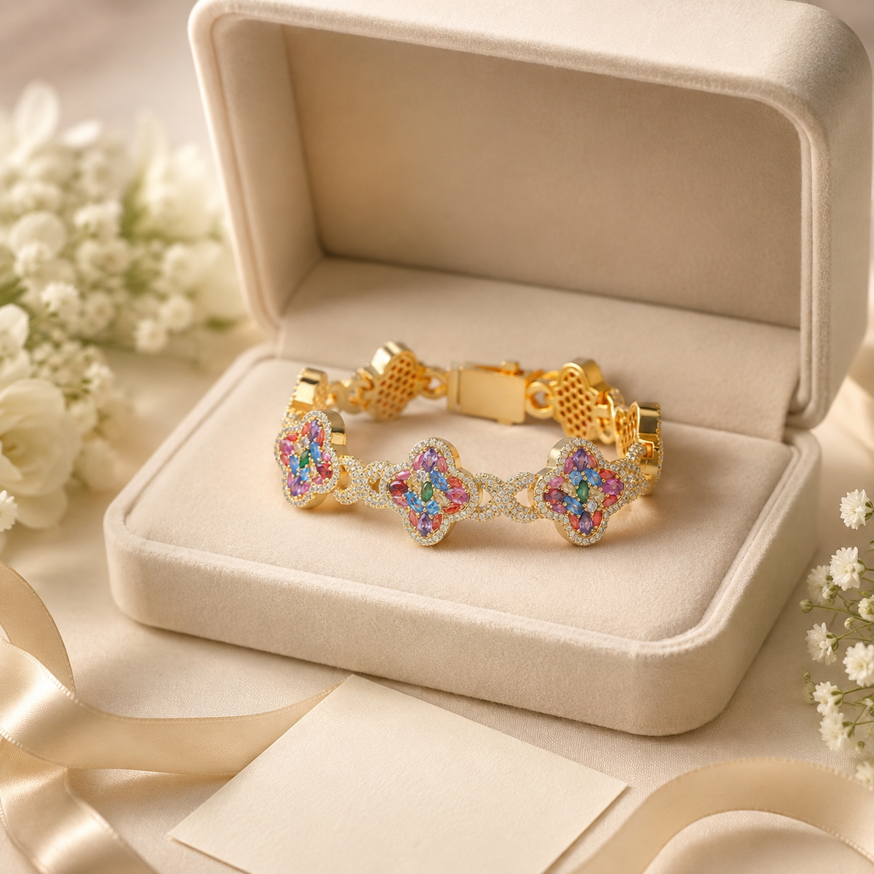 ✨ Lucky Clover Colorful Zircon Bracelet – Gold-Plated Charm Jewelry