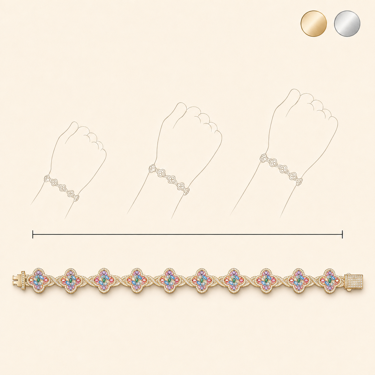 ✨ Lucky Clover Colorful Zircon Bracelet – Gold-Plated Charm Jewelry