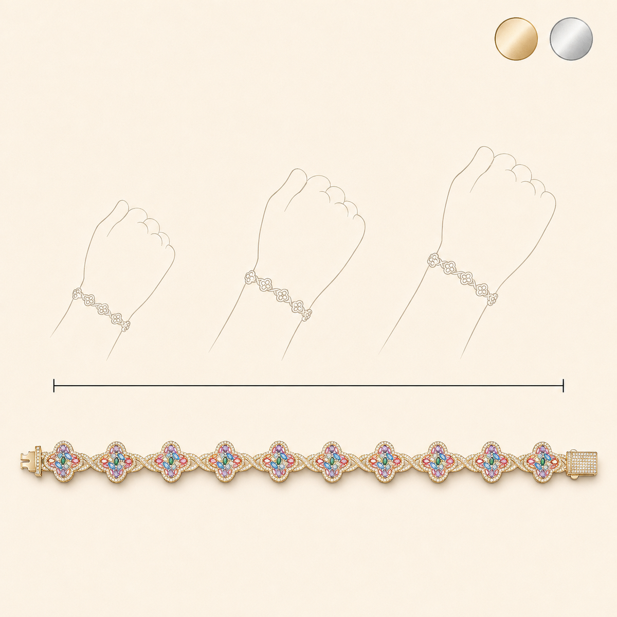 ✨ Lucky Clover Colorful Zircon Bracelet – Gold-Plated Charm Jewelry