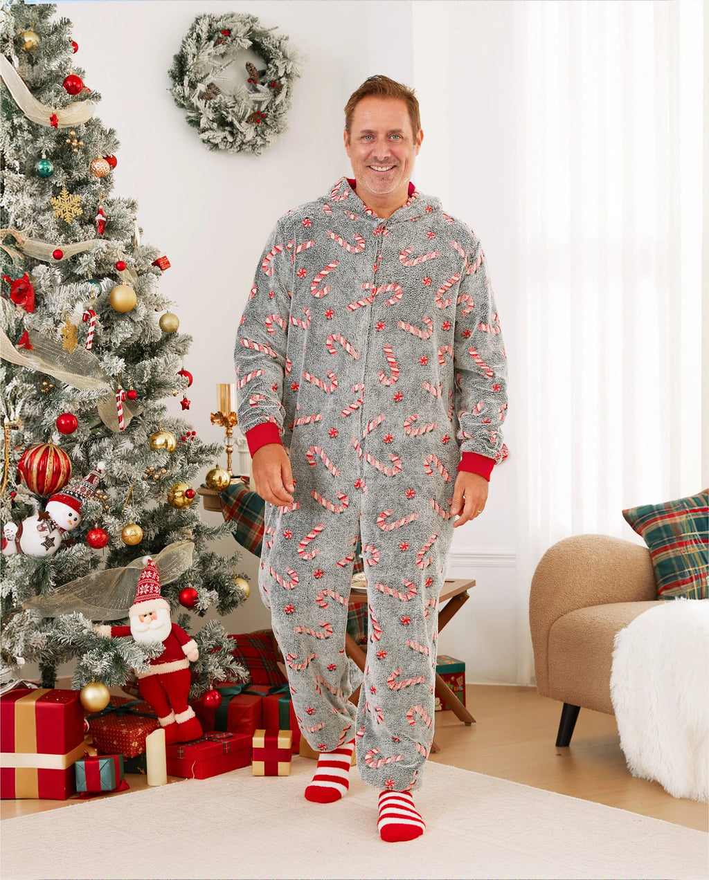 Onesies Pajamas Matching Christmas Outfits Candy Cane Pattern (Glow in the Dark) with Christmas Socks Black