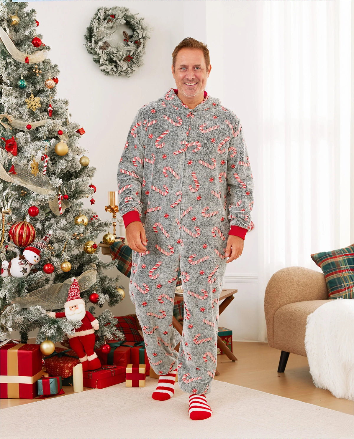 Onesies Pajamas Matching Christmas Outfits Candy Cane Pattern (Glow in the Dark) with Christmas Socks Black
