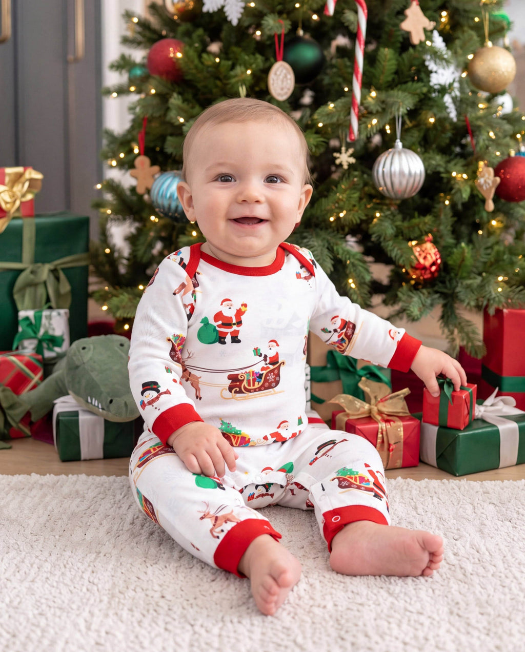 Family Matching Christmas Pajamas Reindeer & Santa Claus Print White Plus Size RED/WHITE