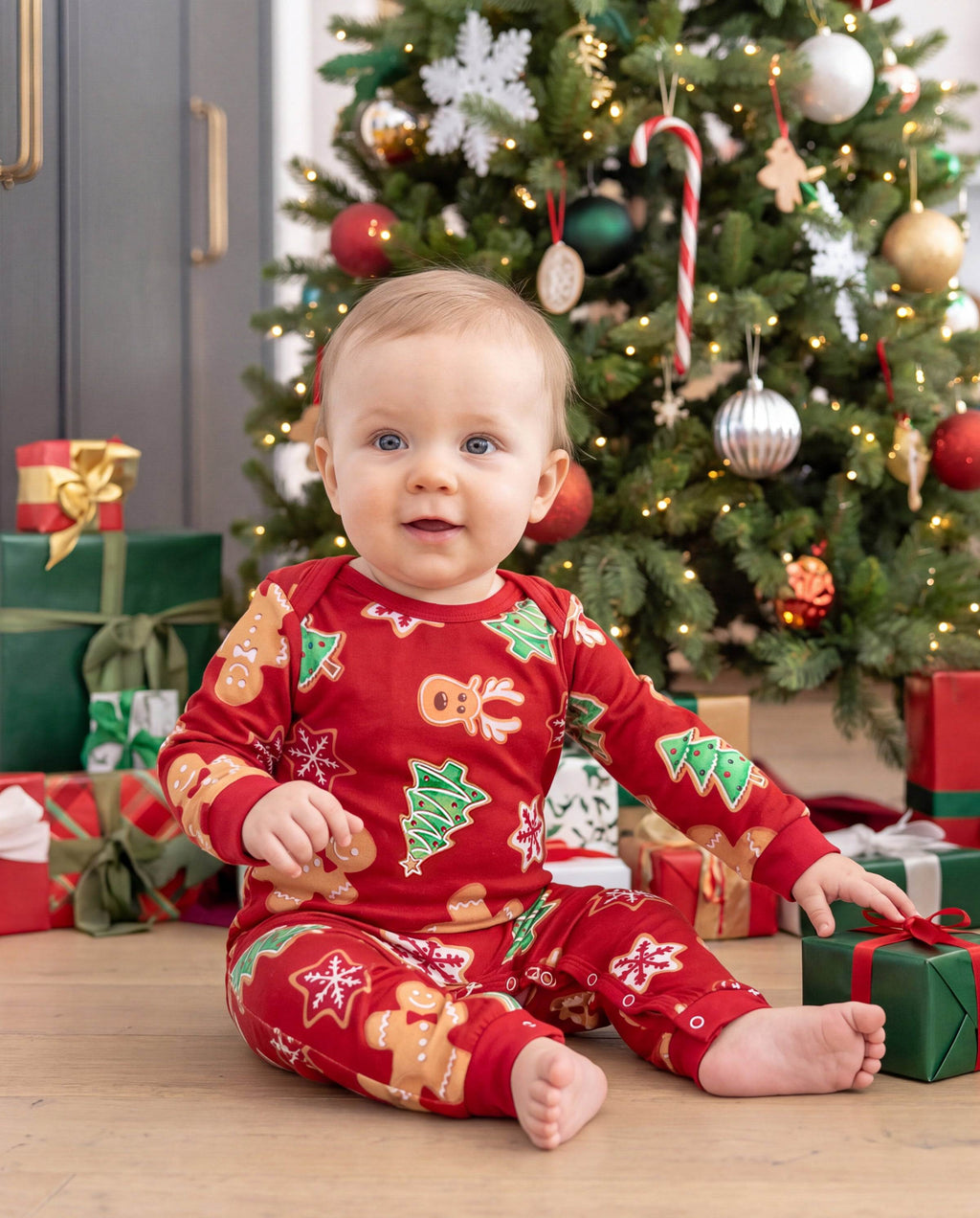 Family Matching Christmas Pajamas Bamboo Gingerbread & Xmas TreeRed