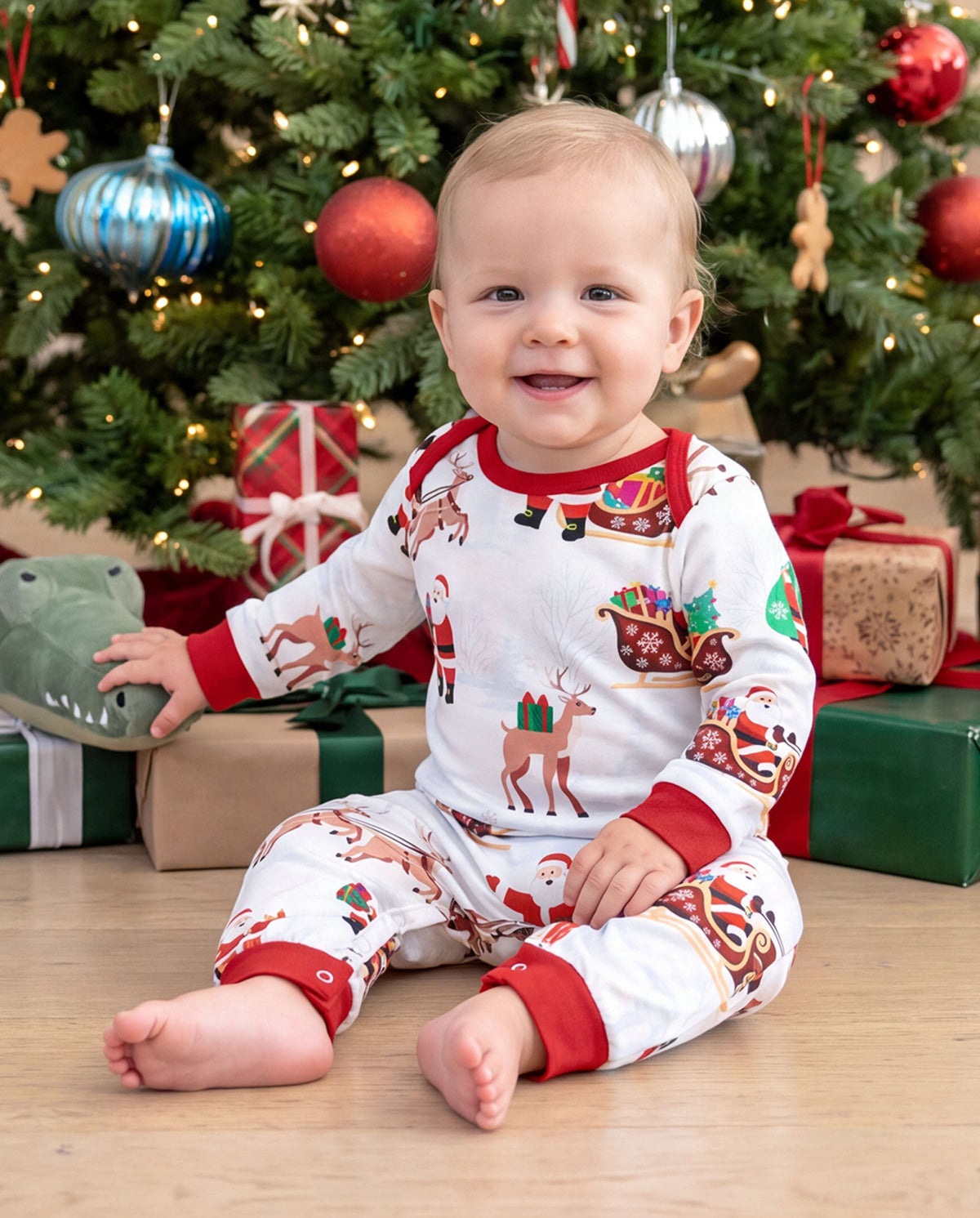 Family Matching Christmas Pajamas Reindeer & Santa Claus Print White Plus Size