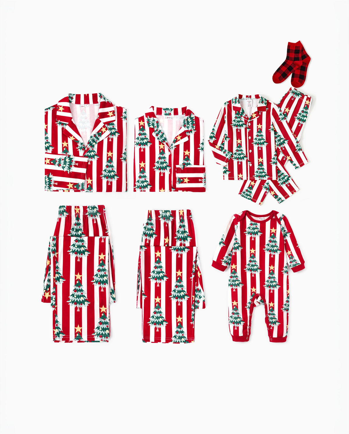 Christmas Family Matching Trees Print Stripes Long-sleeve Pajamas Sets with Christmas Socks Red