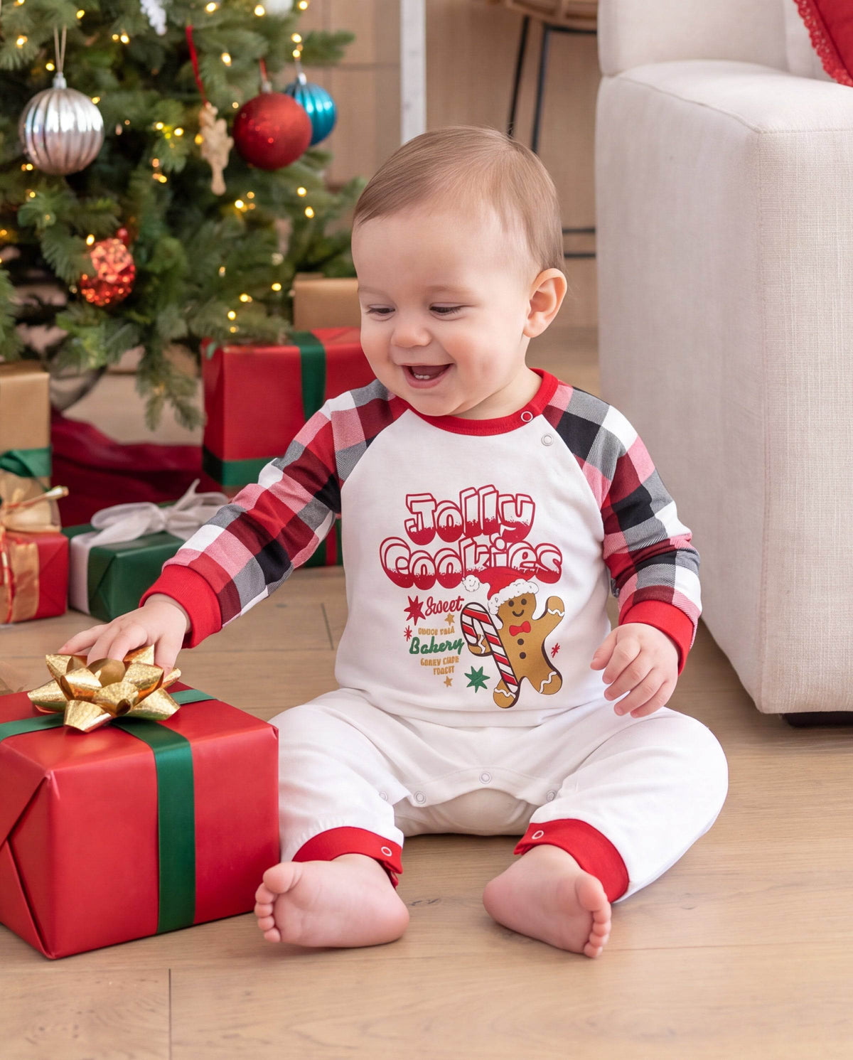 Matching Family Christmas Pajamas Gingerbread & Plaid Print Red