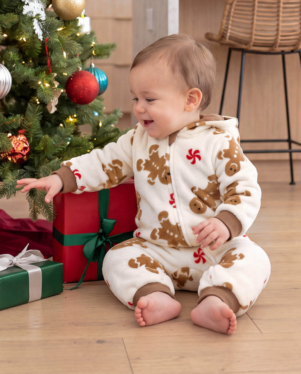 Matching Family Christmas Pajamas Gingerbread Print Coral Fleece Christmas Onesie