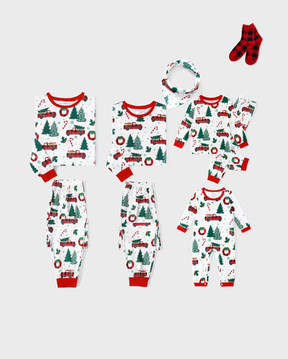 Christmas Family Matching Allover Xmas Tree & Car Print Long-sleeve Pajamas Sets with Christmas Socks Multi-color