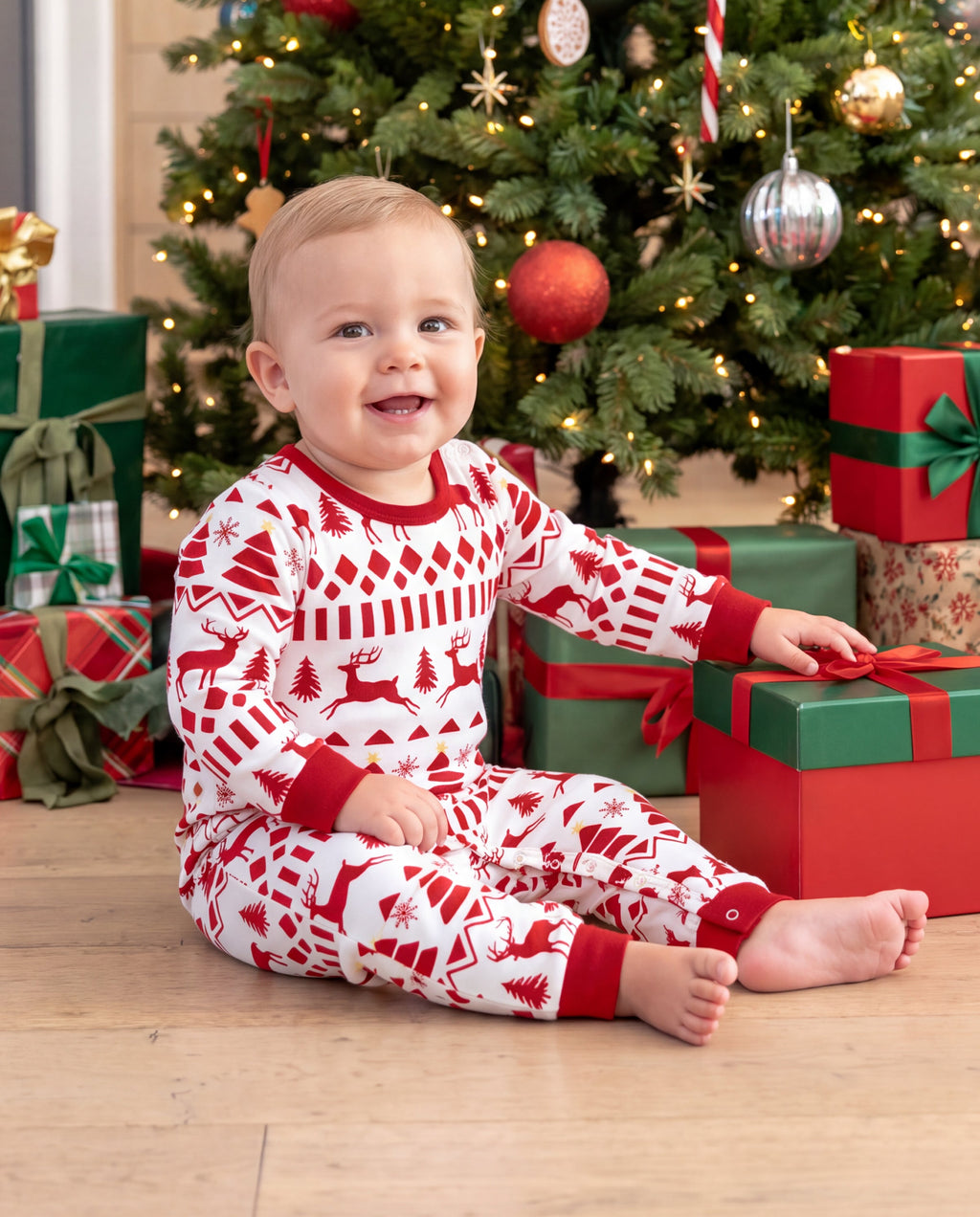 Matching Family Christmas Pajamas Fair Isle & Reindeer Print Red