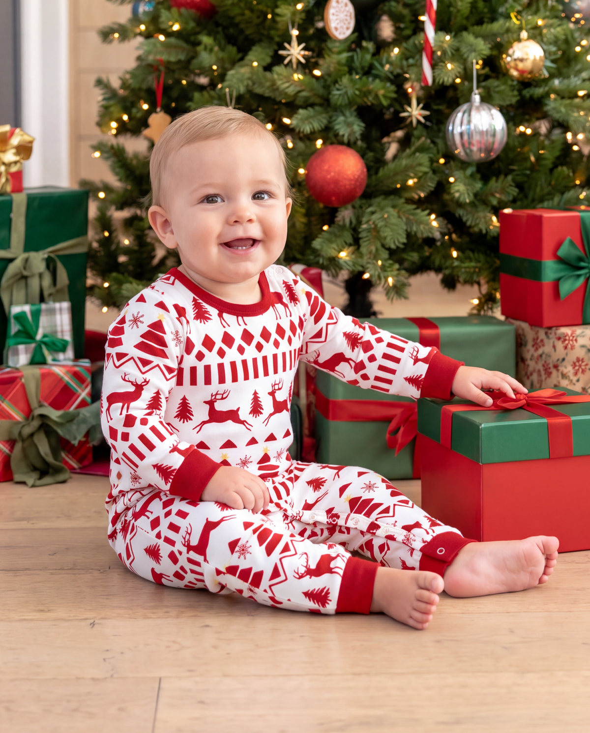 Matching Family Christmas Pajamas Fair Isle & Reindeer Print Red