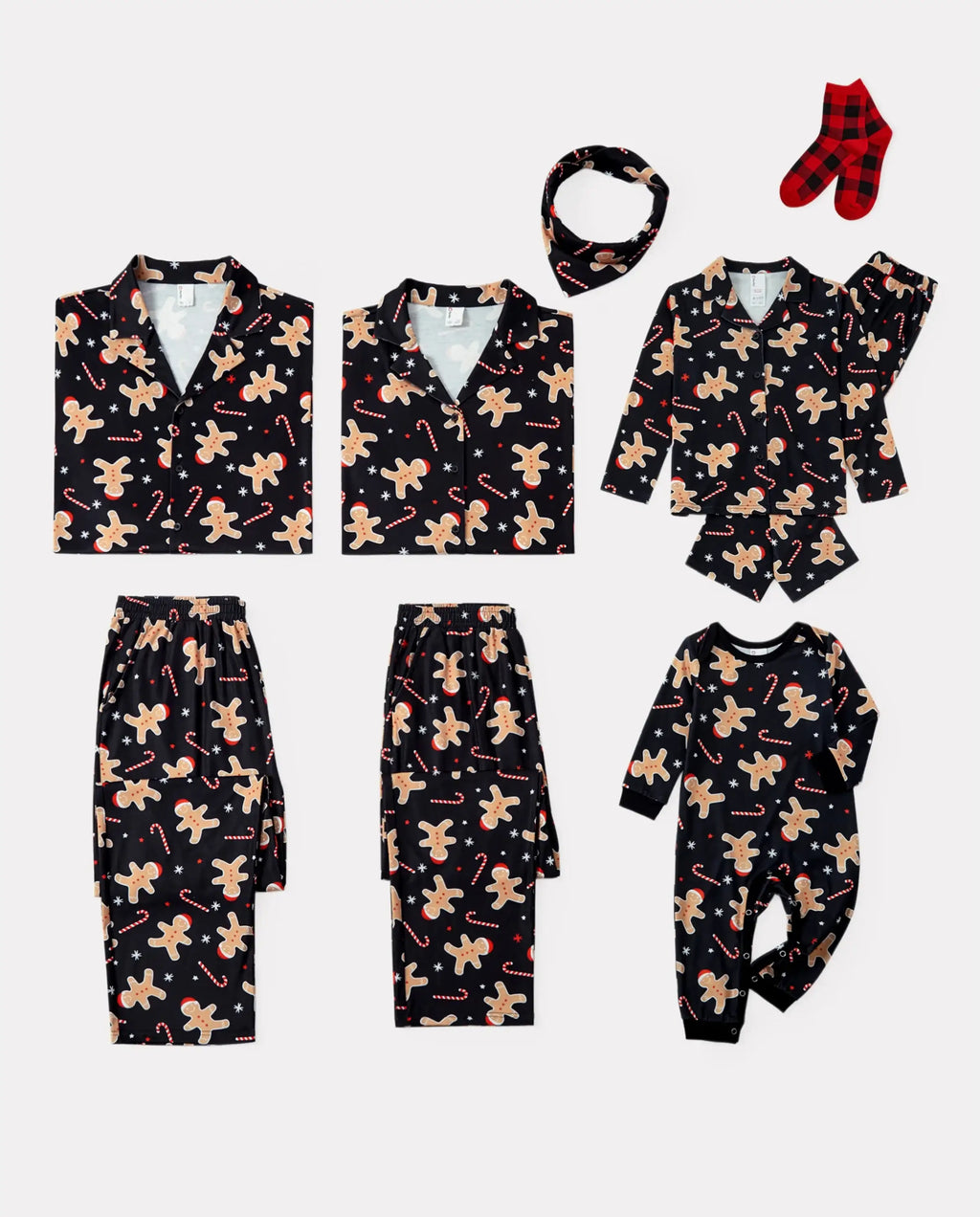 Christmas Matching Family Pajamas Set Gingerbread Print Black PJS with Christmas Socks Black