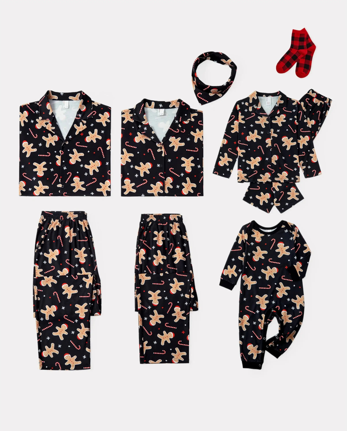 Christmas Matching Family Pajamas Set Gingerbread Print Black PJS with Christmas Socks Black