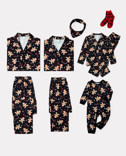 Christmas Matching Family Pajamas Set Gingerbread Print Black PJS with Christmas Socks Black