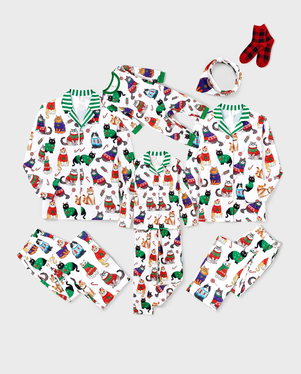 Christmas Matching Family Pajamas Set Christmas Cat Print PJS with Christmas Socks Multi-color