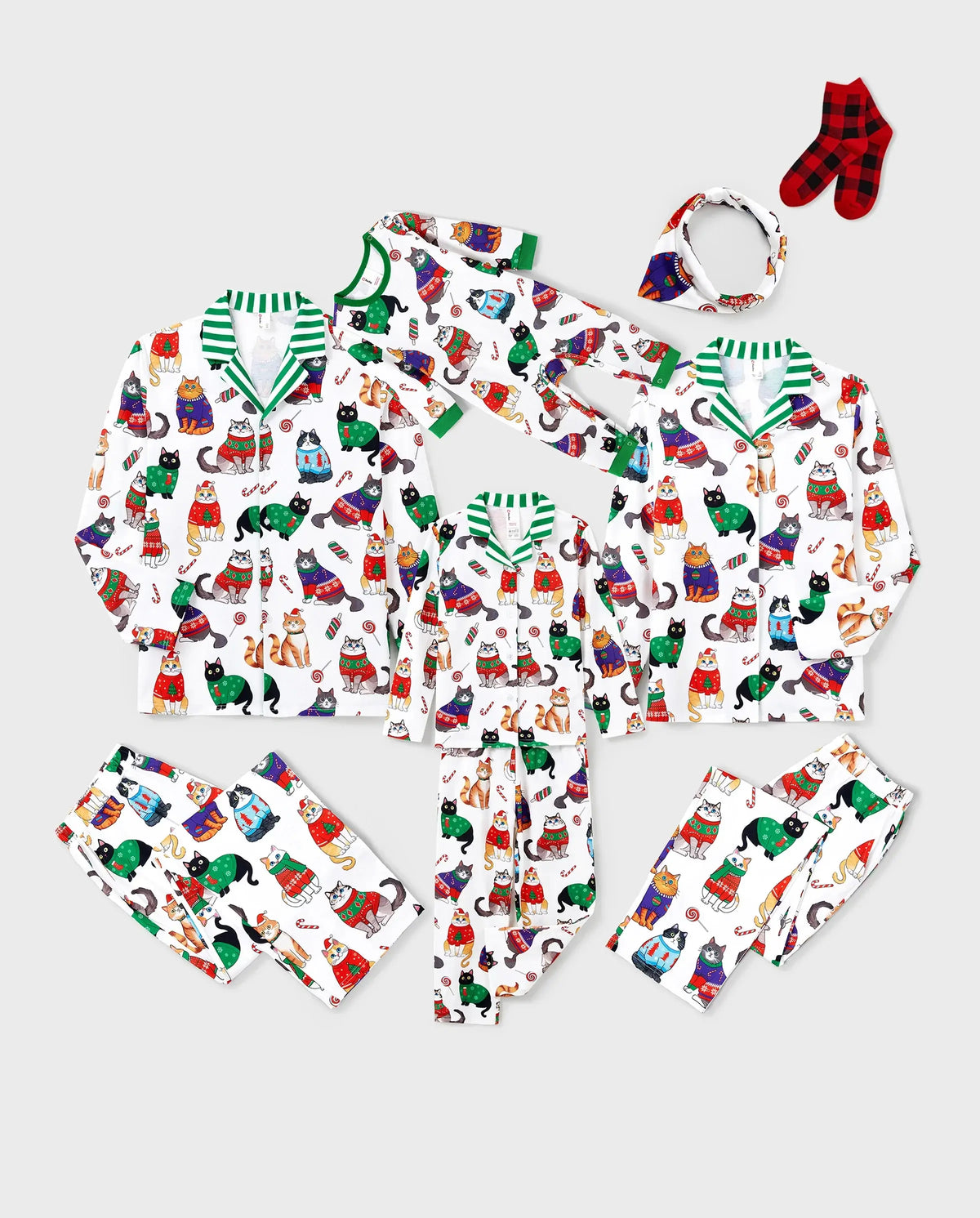Christmas Matching Family Pajamas Set Christmas Cat Print PJS with Christmas Socks Multi-color