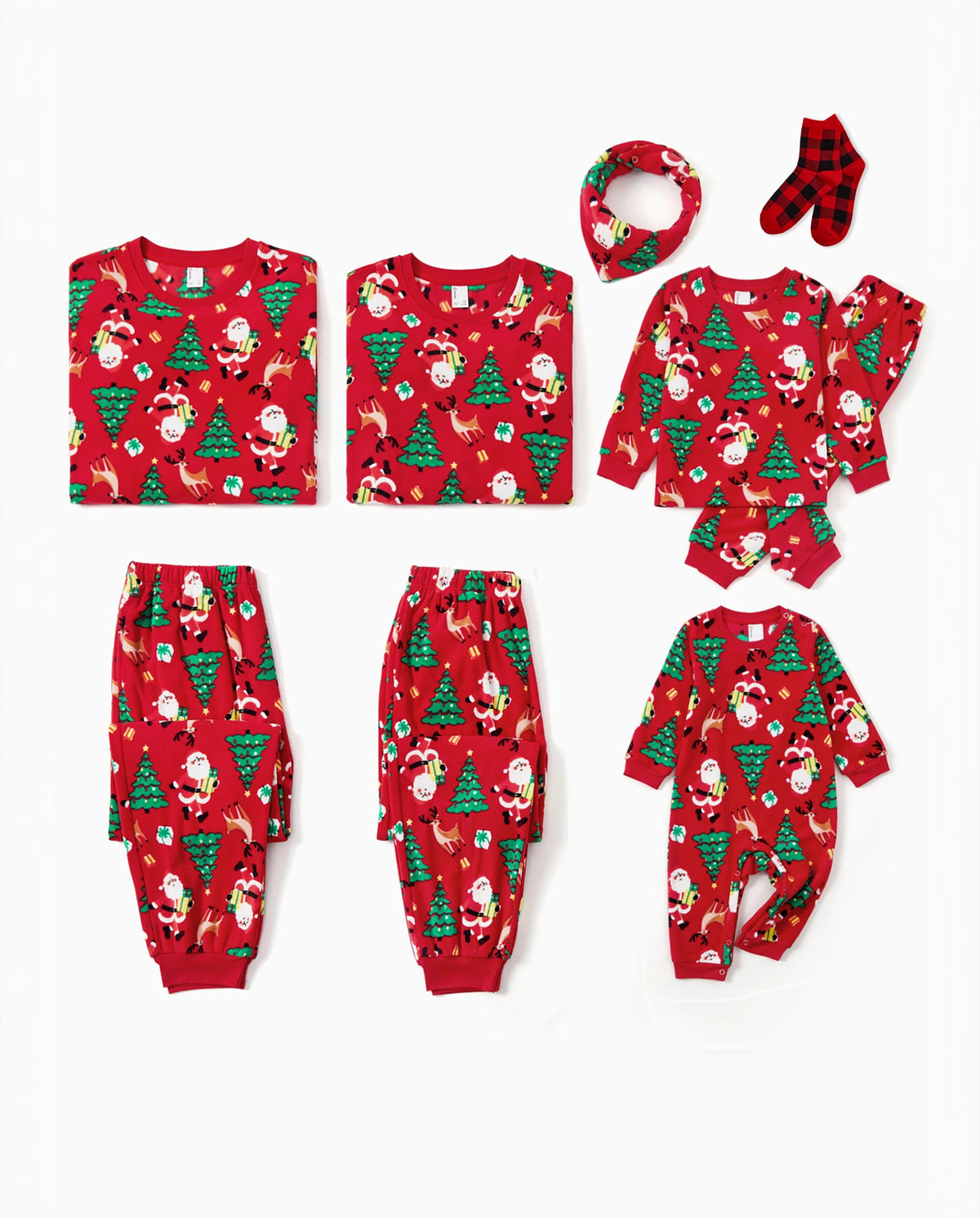 Christmas Matching Family Pajamas Set Santa Claus and Christmas Tree Print Red Fleece PJS with Christmas Socks Red
