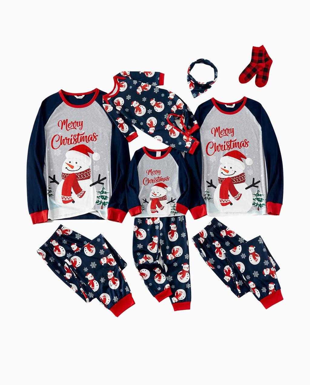 Christmas Snowman & Letter Print Family Matching Raglan-sleeve Pajamas Sets with Christmas Socks ColorBlock