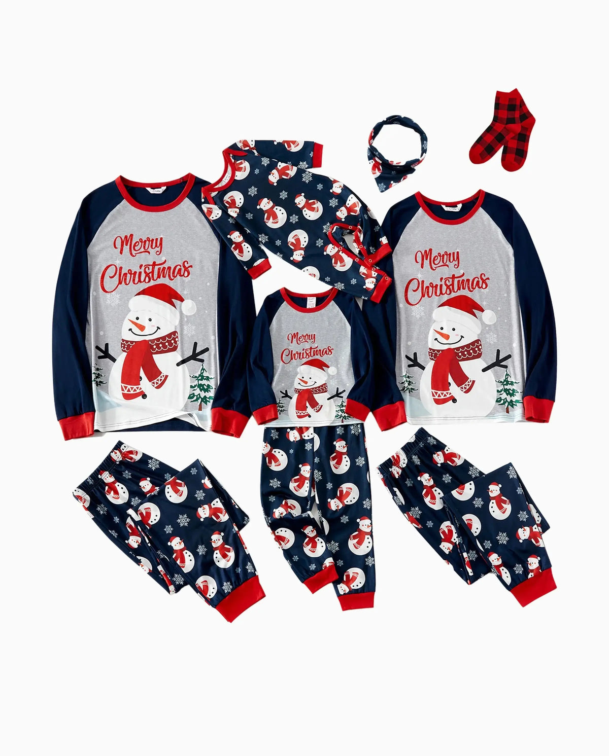 Christmas Snowman & Letter Print Family Matching Raglan-sleeve Pajamas Sets with Christmas Socks ColorBlock