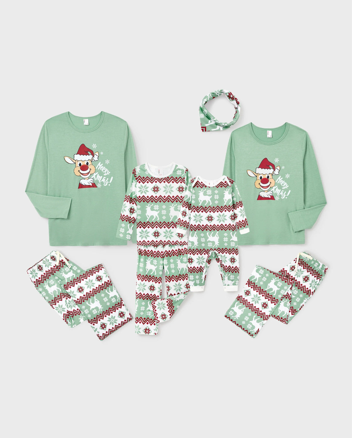 Christmas Matching Family Pajamas Set Christmas Spirit and Snowflake Print PJS with Christmas Socks Pale Green
