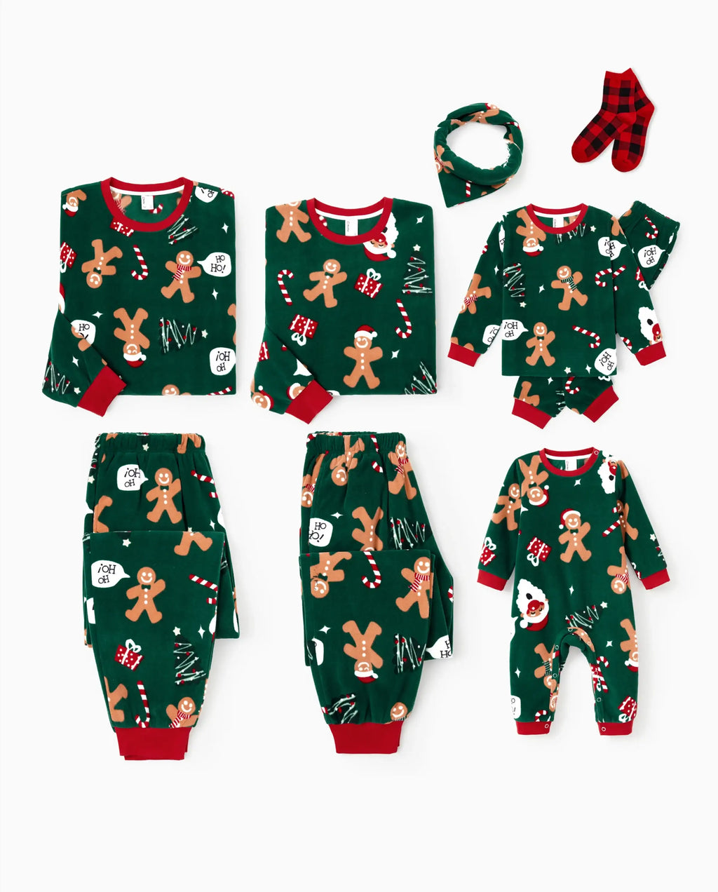 Christmas Jammies Family Matching Fleece Gingerbread Man Long Sleeves Pajama Sets with Christmas Socks Dark Green