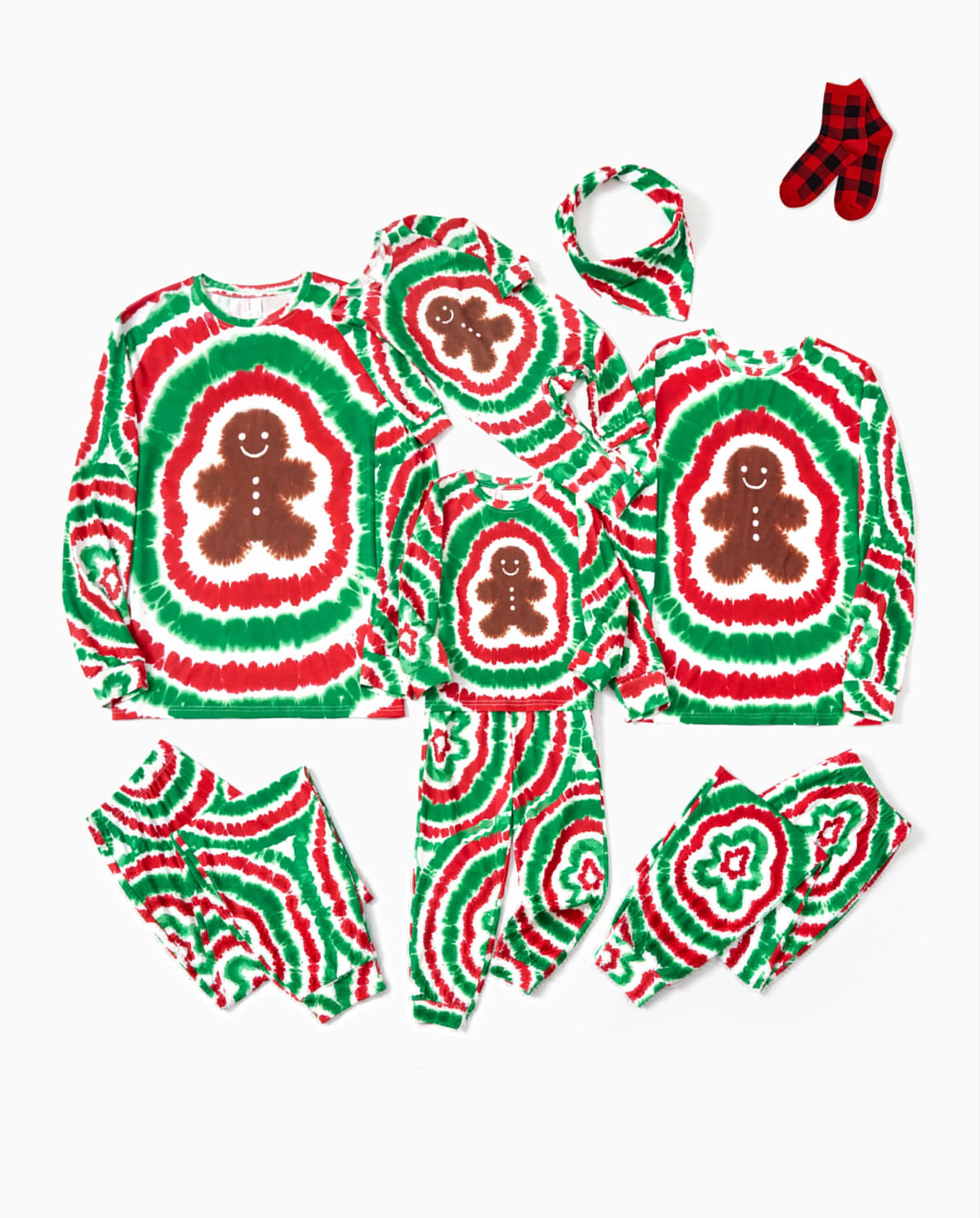 Christmas Family Red&Green Tie-Dye Gingerbread Man Pajamas Sets with Christmas Socks MultiColour