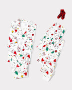 Christmas Family Matching Colorful Festival Theme Print Long Sleeve Pajamas Sets with Christmas Socks White