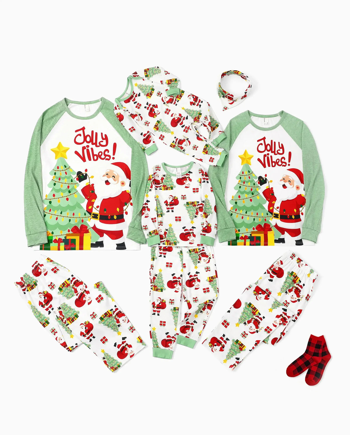 Christmas Matching Family Pajamas Santa & Xmas Tree Print Green