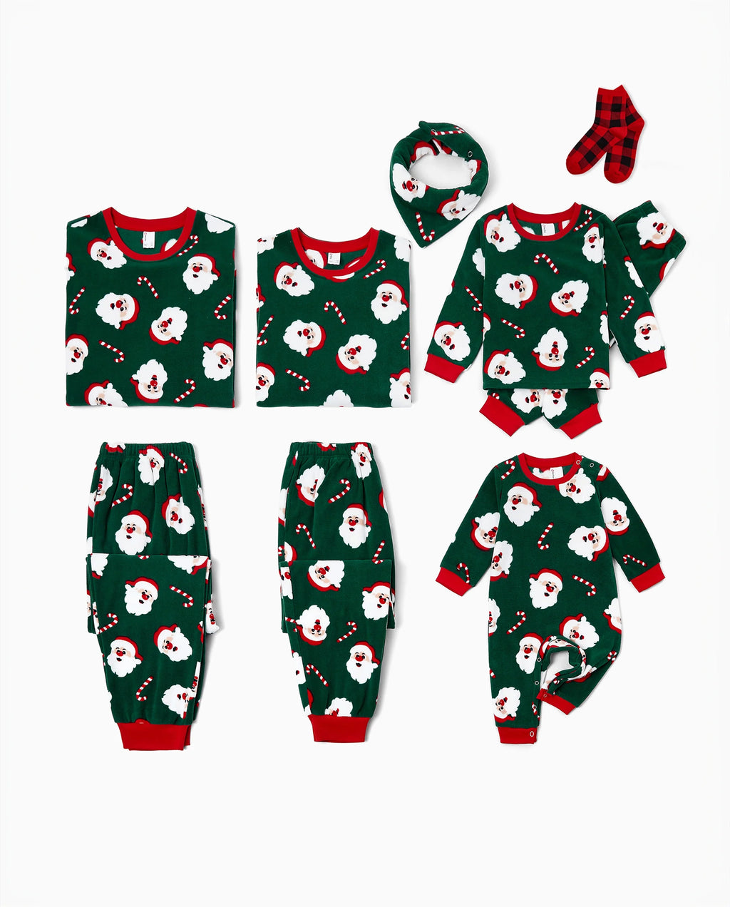 Christmas Matching Family Fleece Pajamas Set Santa Claus and Candy Cane Print PJS with Christmas Socks Dark Green