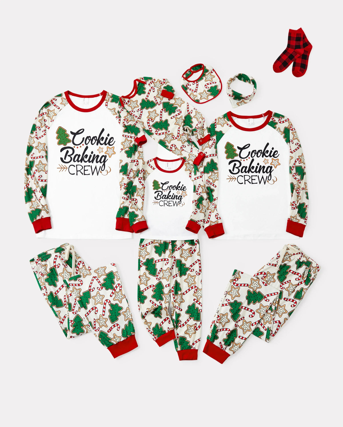 Christmas Matching Family Pajamas Set Christmas Tree Print Red and Apricot PJS with Christmas Socks Apricot