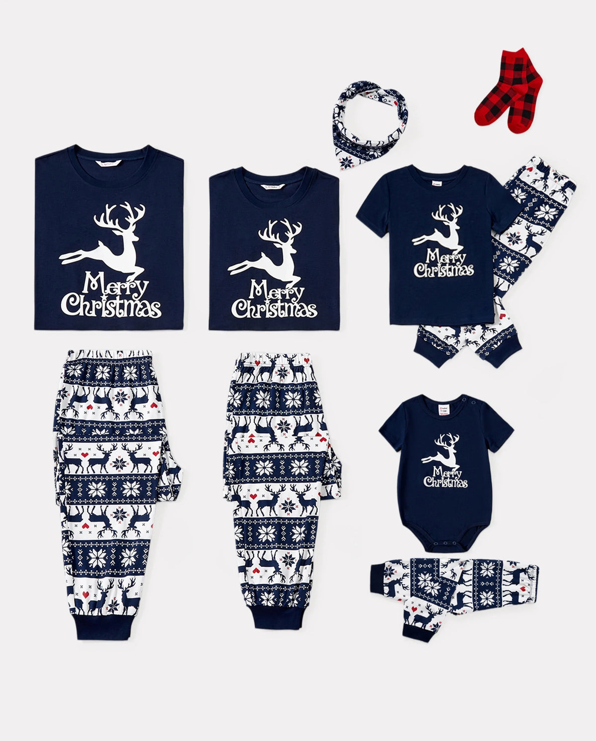 Christmas Reindeer Print Glow in the Dark Family Matching Pajamas Sets with Christmas Socks Deep Blue
