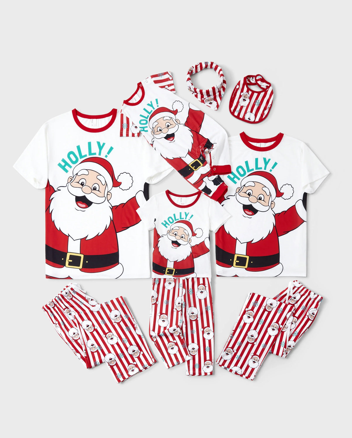 Christmas Matching Family Pajamas Set Santa Claus and Snowflakes Red Stripes PJS Red