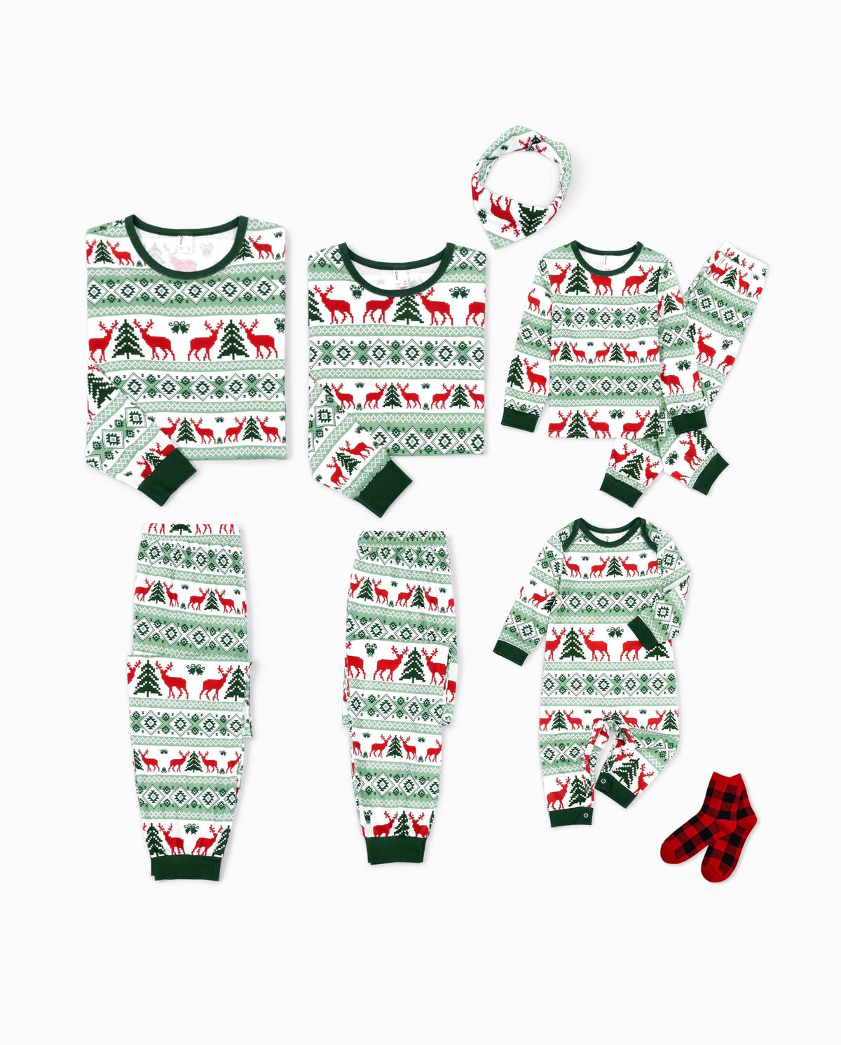 Matching Family Christmas Pajamas Fair Isle & Reindeer Print Green