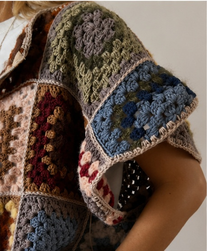 Women's Vintage Patchwork Crochet Hooded Vest | Boho Zip-Up Sleeveless Jacket