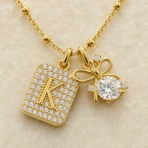Gold Initial & Bow Charm Necklace