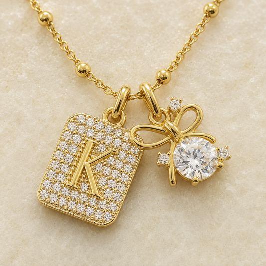 Gold Initial & Bow Charm Necklace