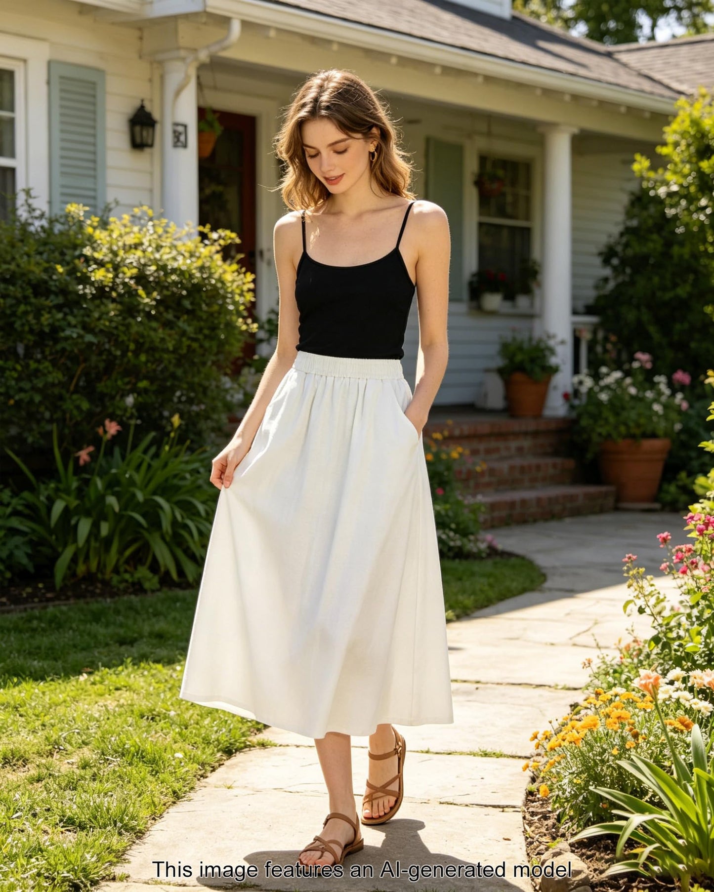 Women's Flowy Bohemian Midi Linen Skirt (with Pockets) | High-Waisted Elastic A-Line Casual Beach Skirt